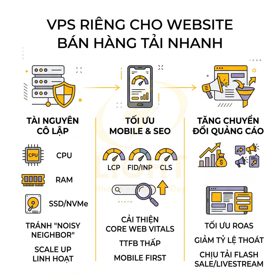 Giải pháp VPS riêng cho website bán hàng tải nhanh, tối ưu tài nguyên, mobile, SEO và tăng chuyển đổi quảng cáo