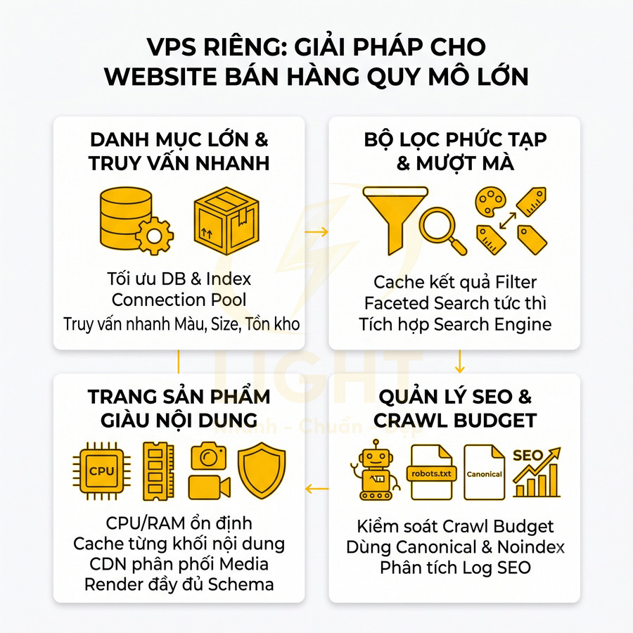 Infographic VPS riêng cho website bán hàng lớn với tối ưu danh mục, bộ lọc, nội dung sản phẩm và quản lý SEO