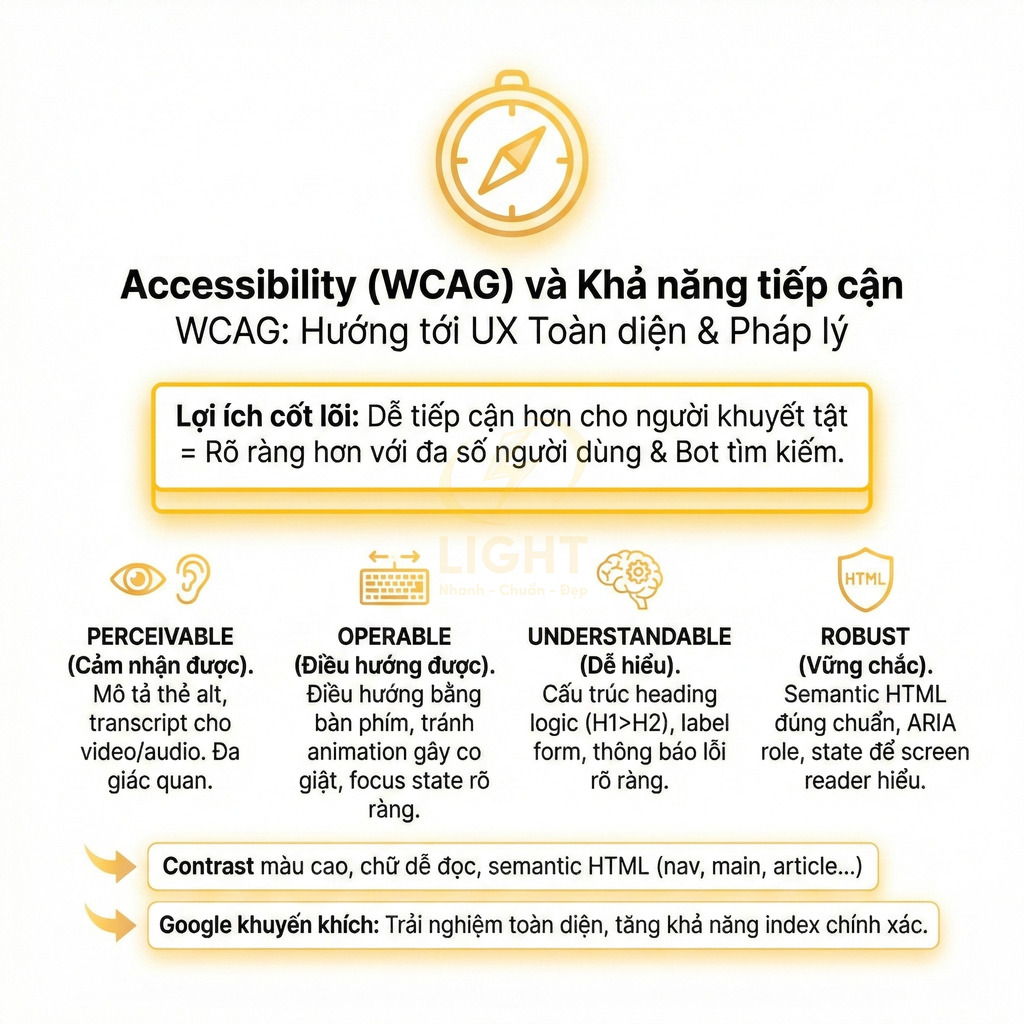 Infographic giới thiệu tiêu chuẩn WCAG về khả năng tiếp cận web với bốn nguyên tắc và lợi ích cho người dùng