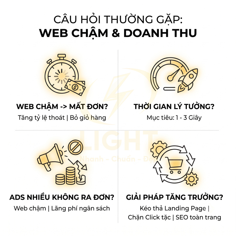 Banner về web chậm và doanh thu, nêu tác hại web tải chậm và gợi ý giải pháp tối ưu tốc độ, landing page, SEO