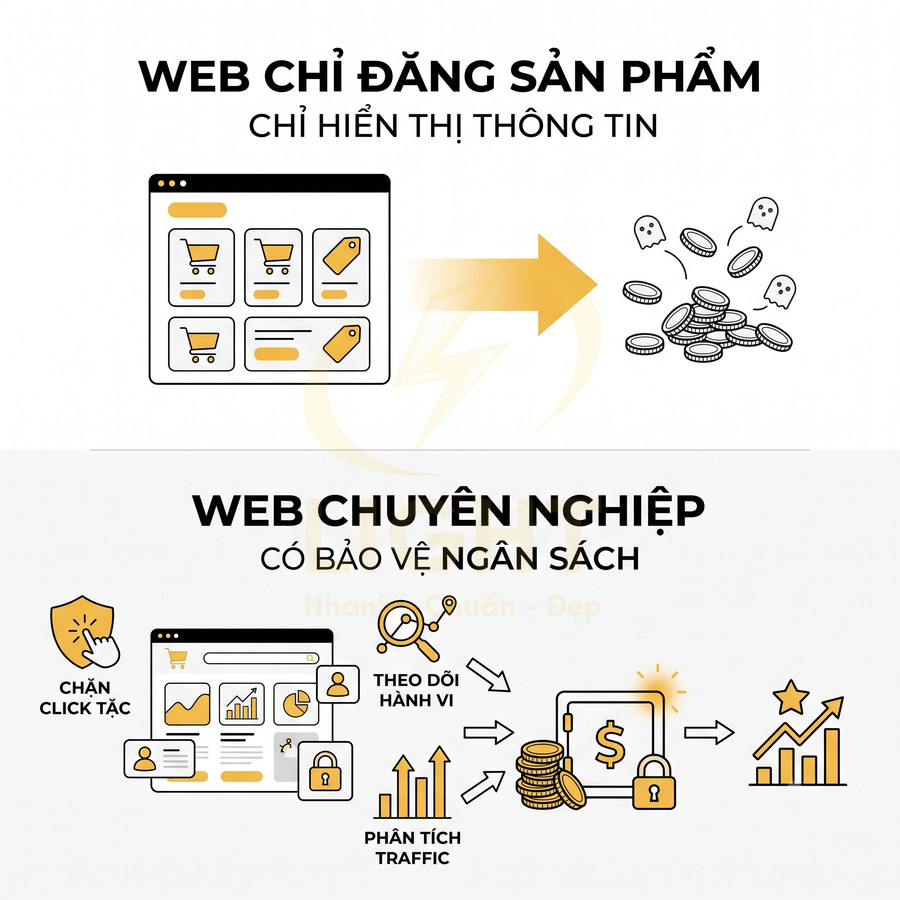 So sánh web chỉ đăng sản phẩm và web chuyên nghiệp có phân tích traffic bảo vệ ngân sách marketing