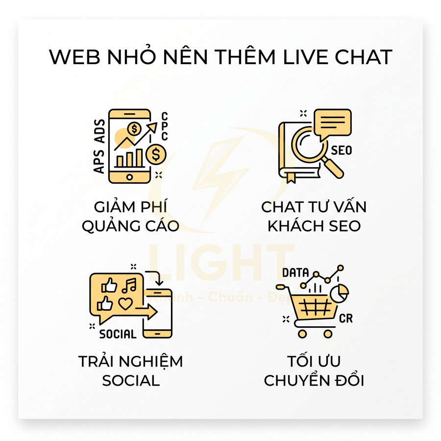 Lợi ích thêm live chat cho web nhỏ gồm giảm phí quảng cáo, tư vấn SEO, trải nghiệm social và tối ưu chuyển đổi