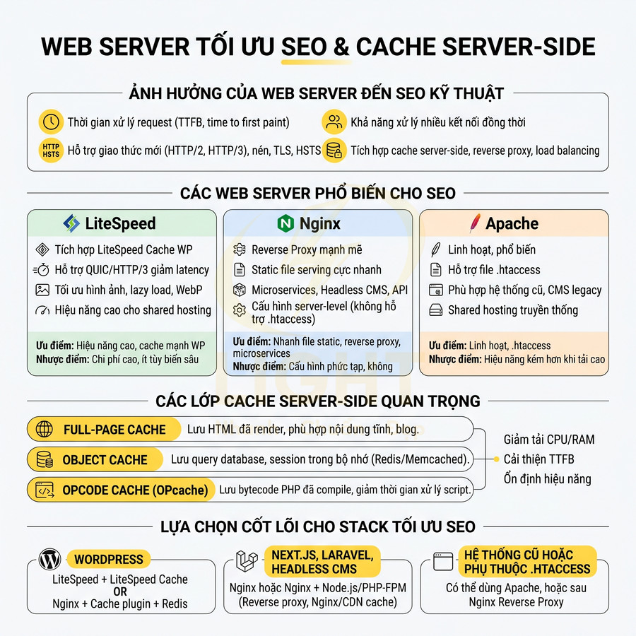 Infographic so sánh web server LiteSpeed, Nginx, Apache và các lớp cache server side tối ưu SEO