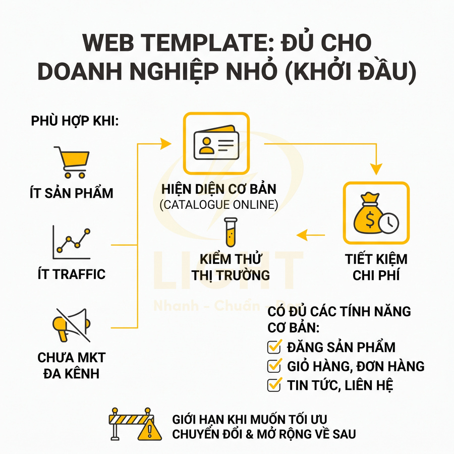 Mẫu web template cho doanh nghiệp nhỏ với hiện diện cơ bản, tiết kiệm chi phí và tính năng đăng sản phẩm, giỏ hàng