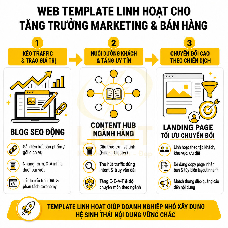 Mẫu web template linh hoạt cho marketing bán hàng với blog SEO, content hub ngành hàng và landing page tối ưu chuyển đổi