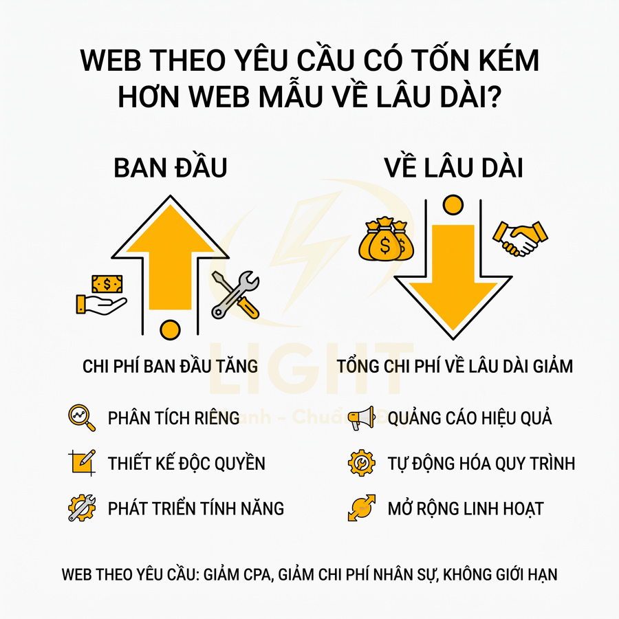 So sánh chi phí web theo yêu cầu và web mẫu, chi phí đầu tăng nhưng tổng chi phí lâu dài giảm