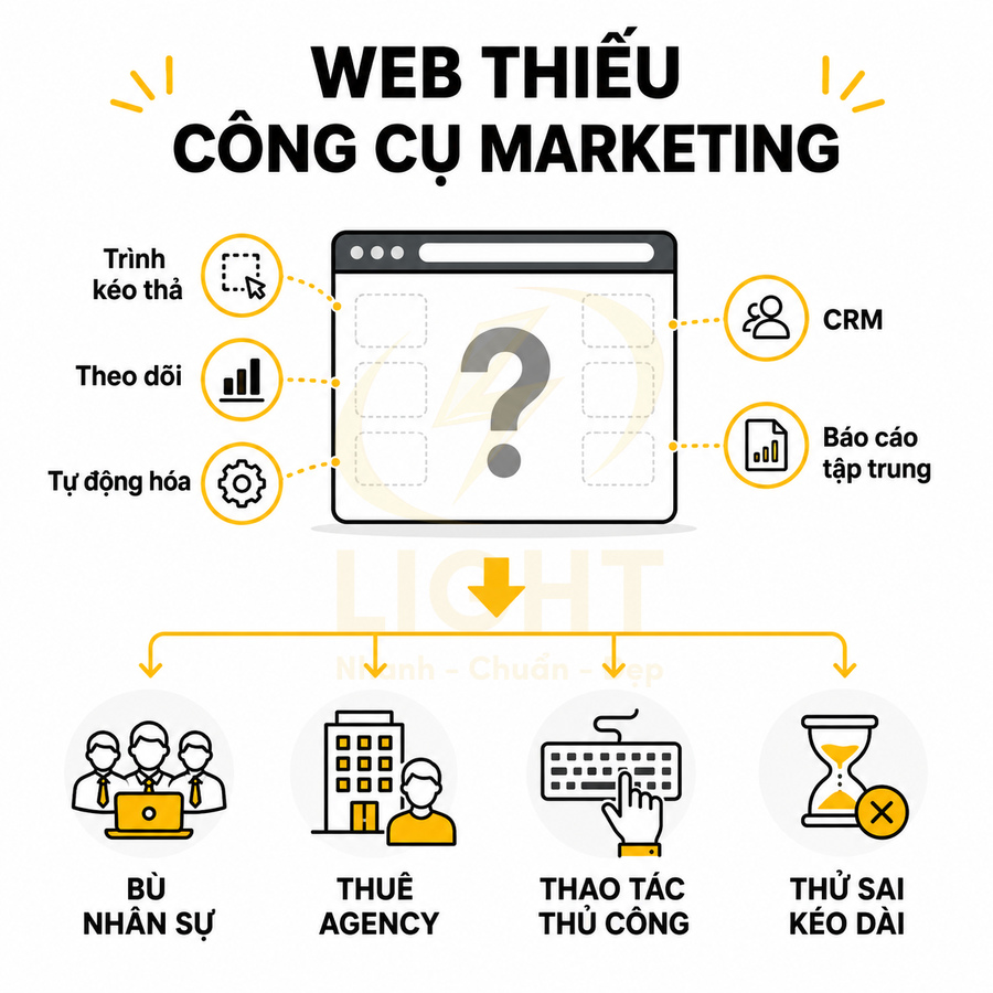 Infographic web thiếu công cụ marketing dẫn đến bù nhân sự, thuê agency, thao tác thủ công và thử sai kéo dài