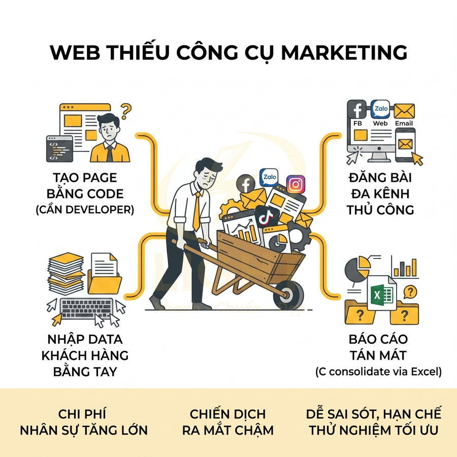 Minh họa web thiếu công cụ marketing, marketer phải làm thủ công từ tạo page, đăng bài đa kênh đến nhập data và báo cáo Excel