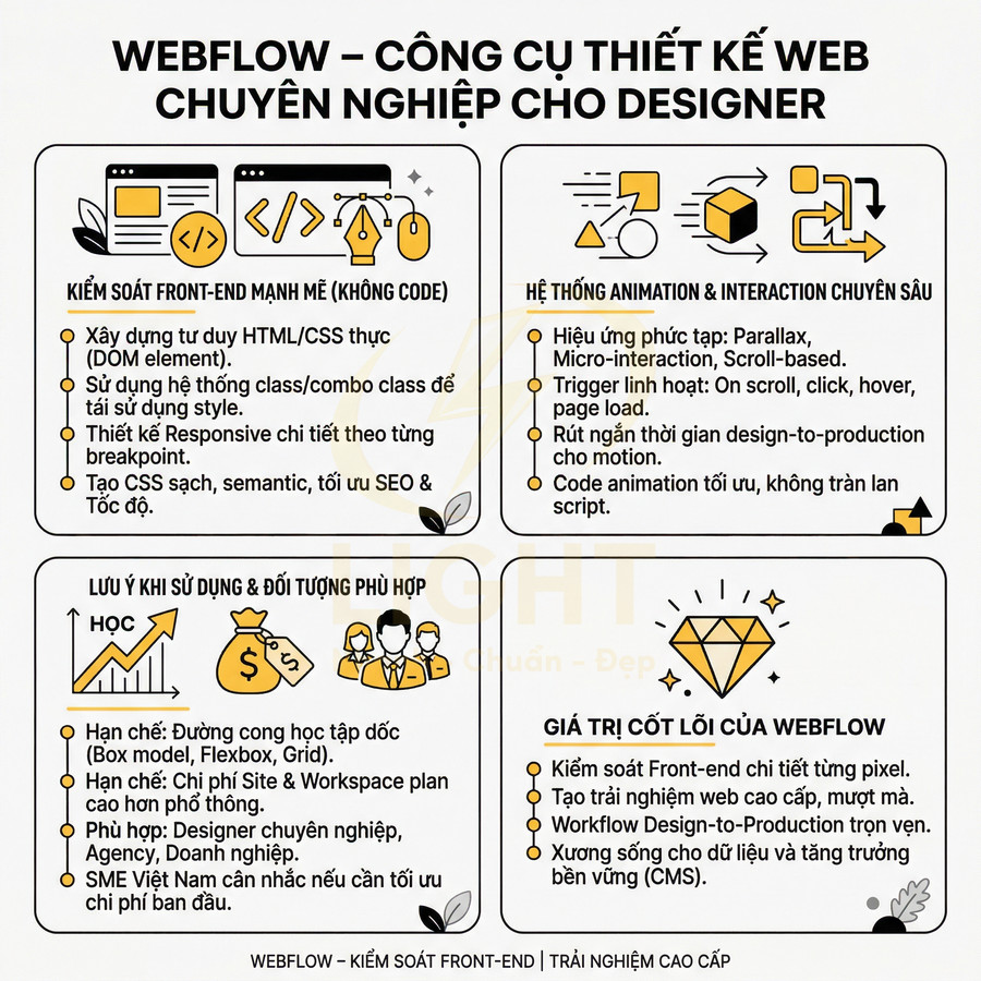 Infographic giới thiệu Webflow với các tính năng kiểm soát front end, animation, lưu ý sử dụng và giá trị cốt lõi