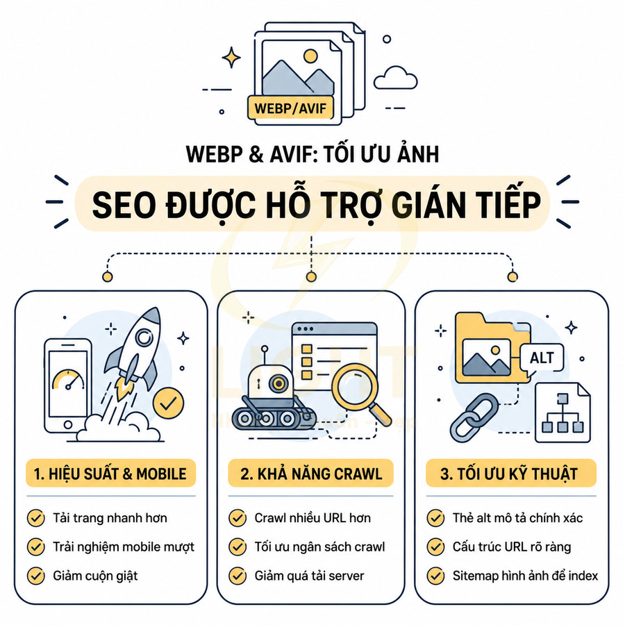 Infographic lợi ích định dạng ảnh WebP AVIF trong tối ưu hiệu suất website và hỗ trợ SEO gián tiếp