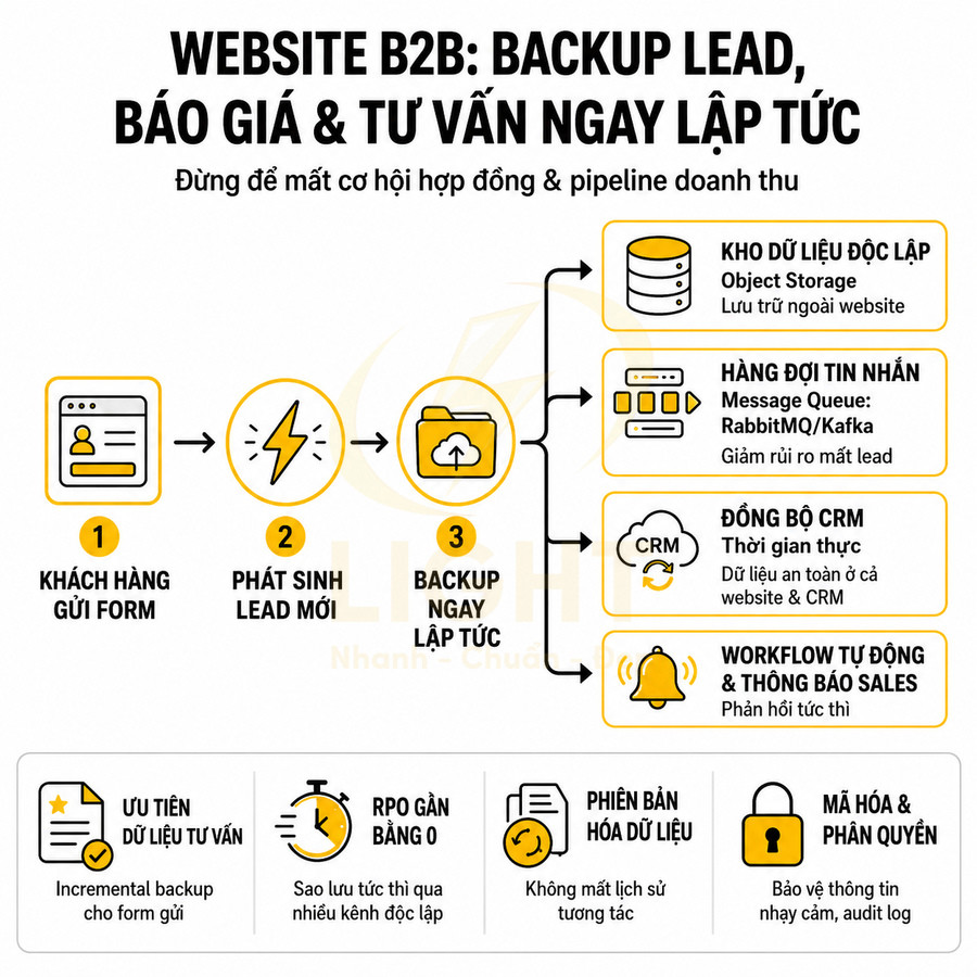 Mô hình website B2B backup lead, báo giá và tư vấn ngay lập tức với quy trình và lợi ích minh họa