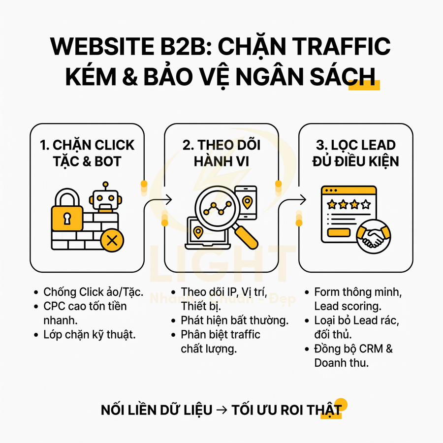 Mô tả giải pháp website B2B chặn click ảo, theo dõi hành vi và lọc lead đủ điều kiện để tối ưu ngân sách quảng cáo
