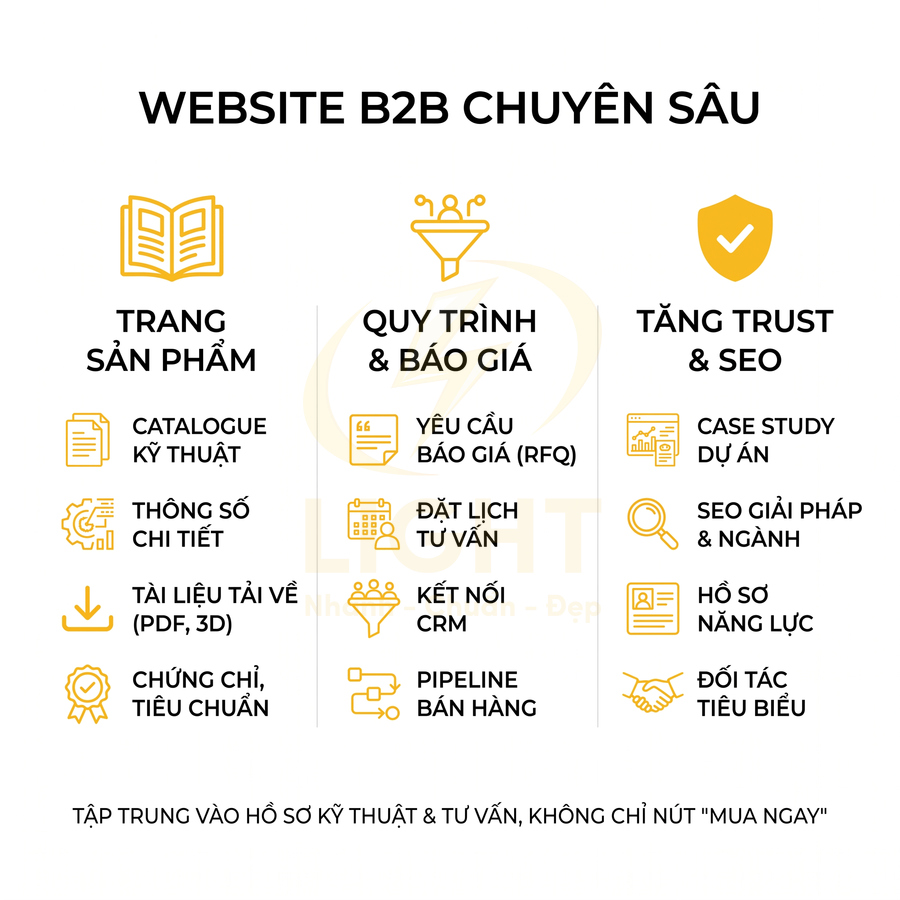 Mô hình website B2B chuyên sâu với trang sản phẩm, quy trình báo giá và nội dung tăng trust SEO