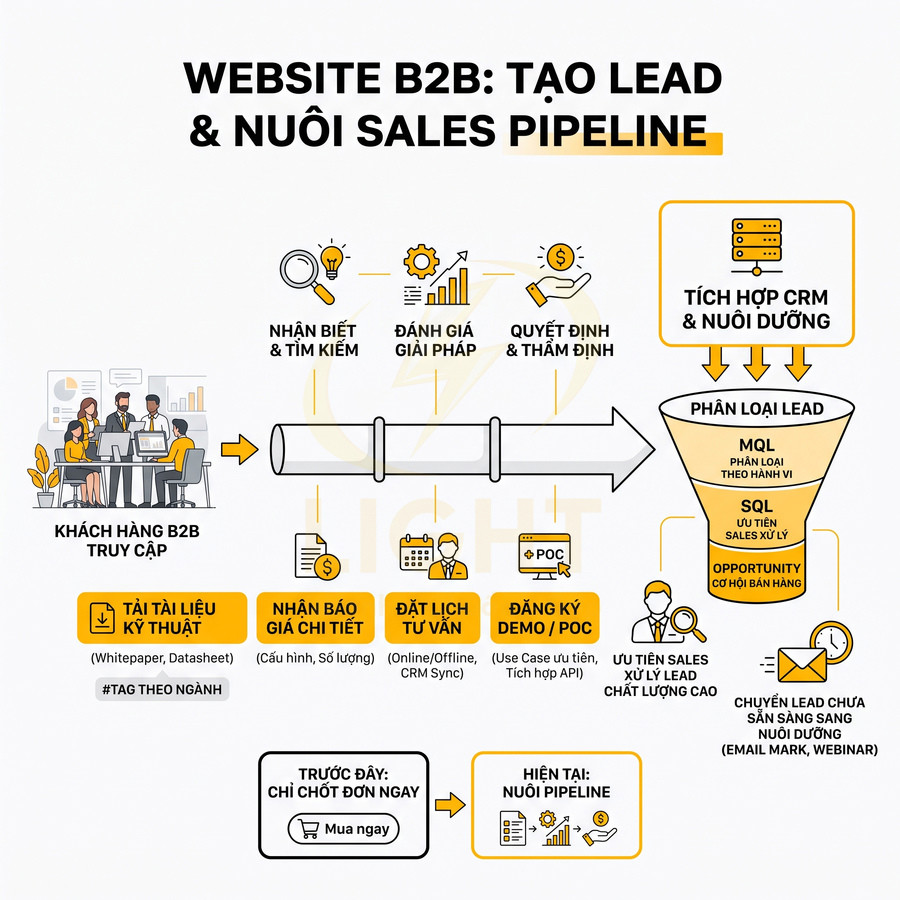 Quy trình website B2B tạo lead và nuôi sales pipeline với phễu phân loại MQL SQL Opportunity
