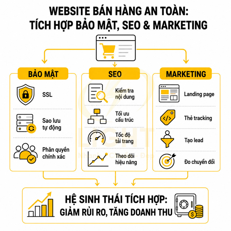 Infographic website bán hàng an toàn tích hợp bảo mật SEO marketing giảm rủi ro tăng doanh thu