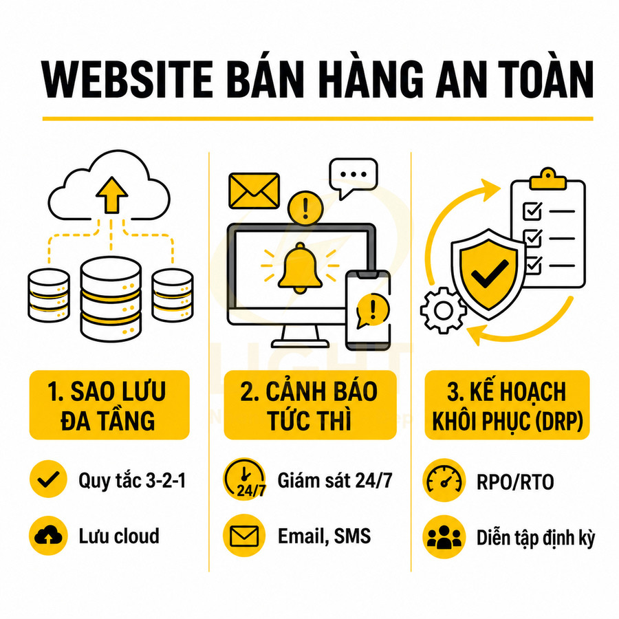 Infographic hướng dẫn bảo mật website bán hàng với sao lưu đa tầng, cảnh báo tức thì và kế hoạch khôi phục dữ liệu