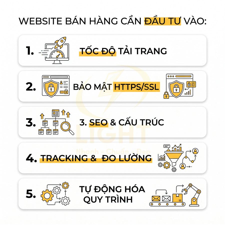 Checklist 5 yếu tố website bán hàng cần đầu tư: tốc độ, bảo mật HTTPS SSL, SEO, tracking đo lường, tự động hóa quy trình