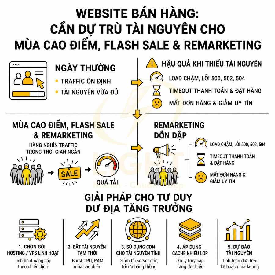Infographic giải thích lý do website bán hàng cần dự trữ tài nguyên cho mùa cao điểm, flash sale và remarketing