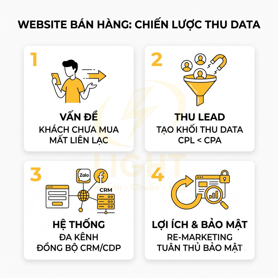 Chiến lược thu data cho website bán hàng với 4 bước: vấn đề, thu lead, hệ thống đa kênh, lợi ích và bảo mật