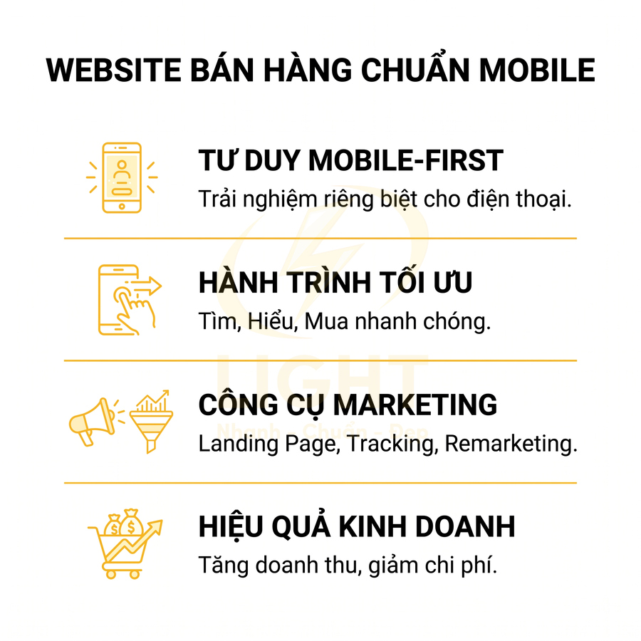 Website bán hàng chuẩn mobile với tư duy mobile first, hành trình mua tối ưu, công cụ marketing và hiệu quả kinh doanh