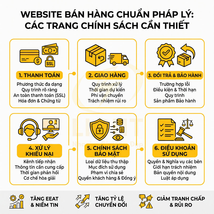 Các trang chính sách cần có trên website bán hàng chuẩn pháp lý để tăng uy tín và giảm rủi ro