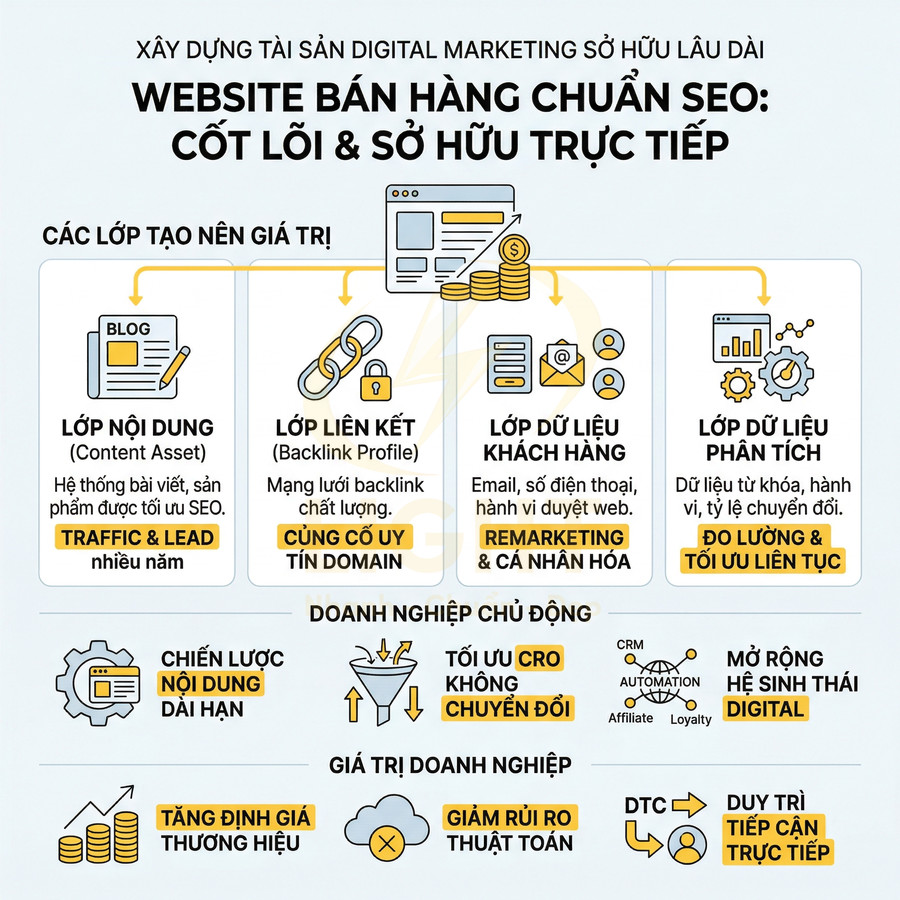Infographic mô tả các lớp nội dung, liên kết, dữ liệu khách hàng và phân tích cho website bán hàng chuẩn SEO