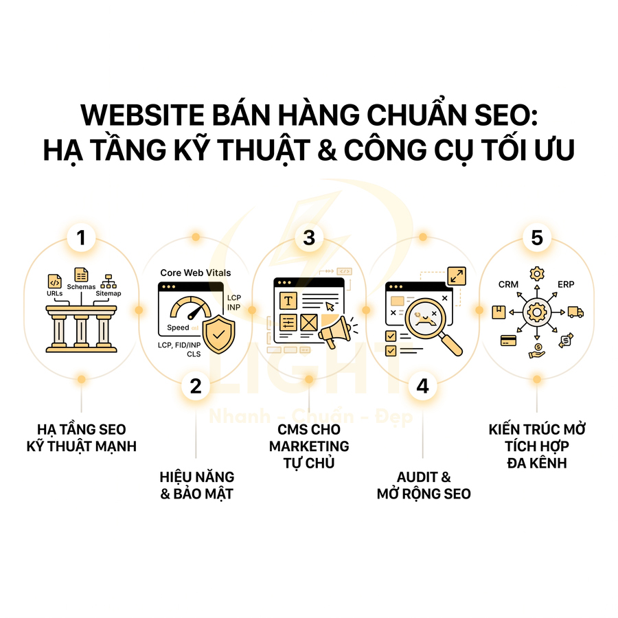 Website bán hàng chuẩn SEO với 5 yếu tố: hạ tầng kỹ thuật, hiệu năng bảo mật, CMS marketing, audit SEO, tích hợp đa kênh