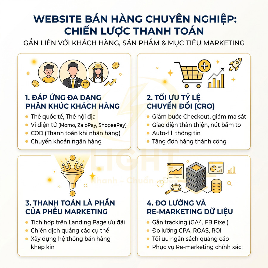 Chiến lược thanh toán cho website bán hàng chuyên nghiệp với 4 bước tối ưu chuyển đổi và marketing