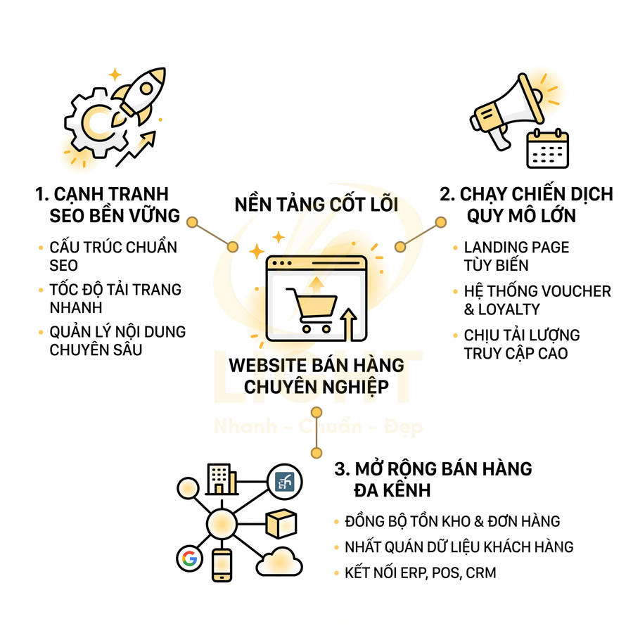 Lợi ích website bán hàng chuyên nghiệp về SEO bền vững, chạy chiến dịch lớn và mở rộng bán hàng đa kênh