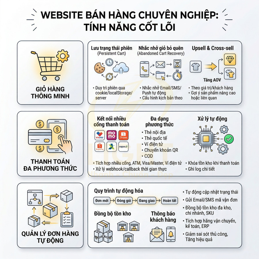 Tính năng cốt lõi website bán hàng chuyên nghiệp với giỏ hàng thông minh, thanh toán đa phương thức và quản lý đơn hàng tự động