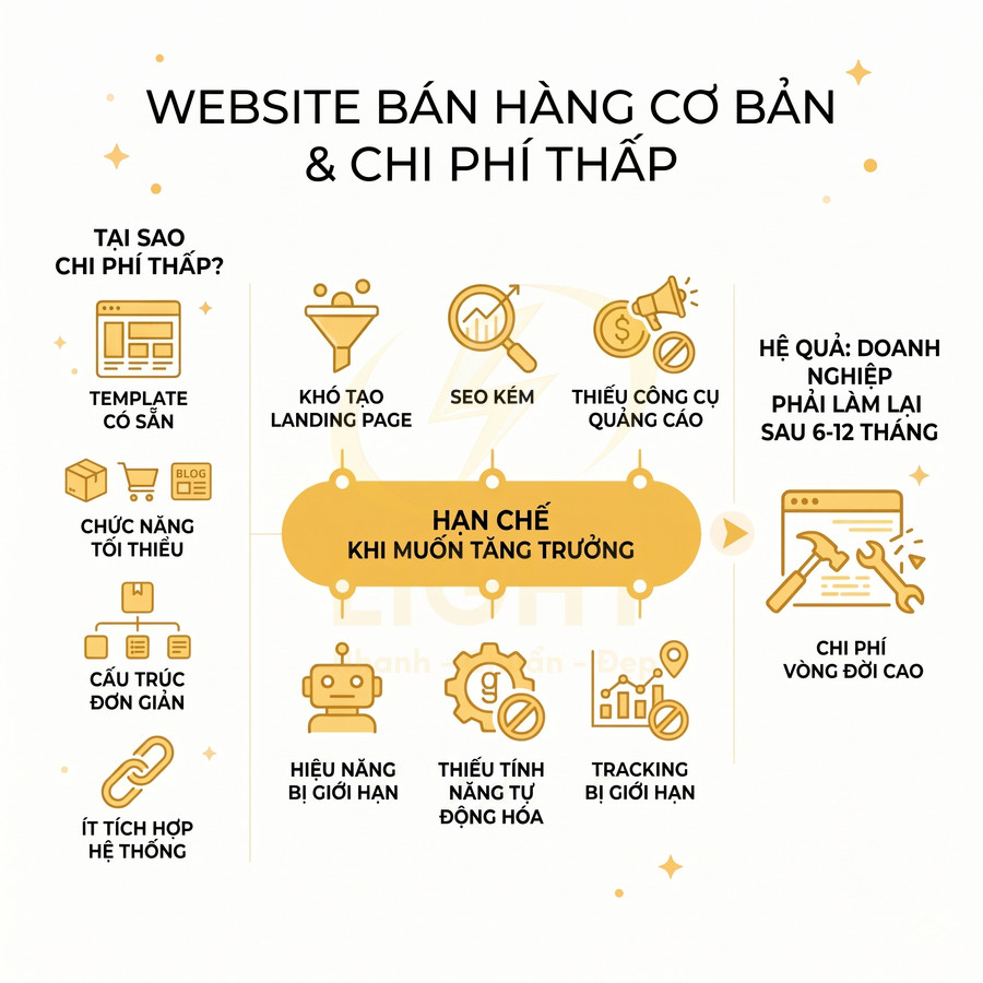 Infographic về hạn chế của website bán hàng cơ bản chi phí thấp và tác động đến tăng trưởng doanh nghiệp