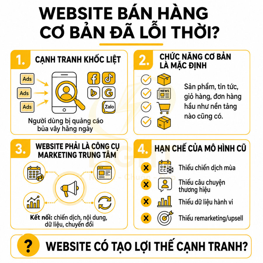 Infographic về hạn chế của website bán hàng cơ bản và yêu cầu website làm công cụ marketing trung tâm