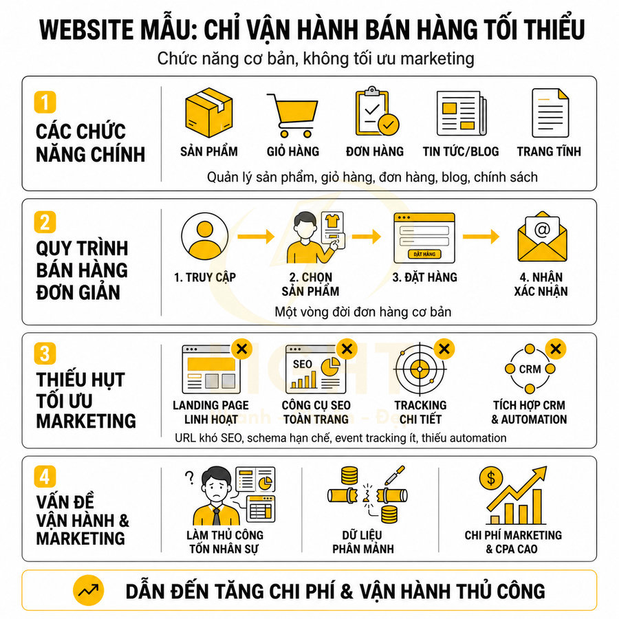 Infographic quy trình vận hành website bán hàng tối thiểu và các vấn đề thiếu tối ưu marketing