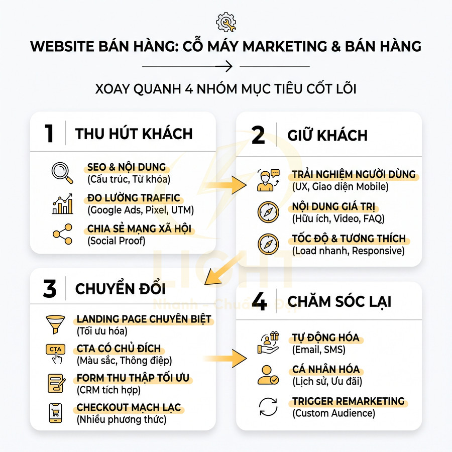 Sơ đồ 4 bước xây dựng website bán hàng hiệu quả gồm thu hút khách, giữ khách, chuyển đổi và chăm sóc lại