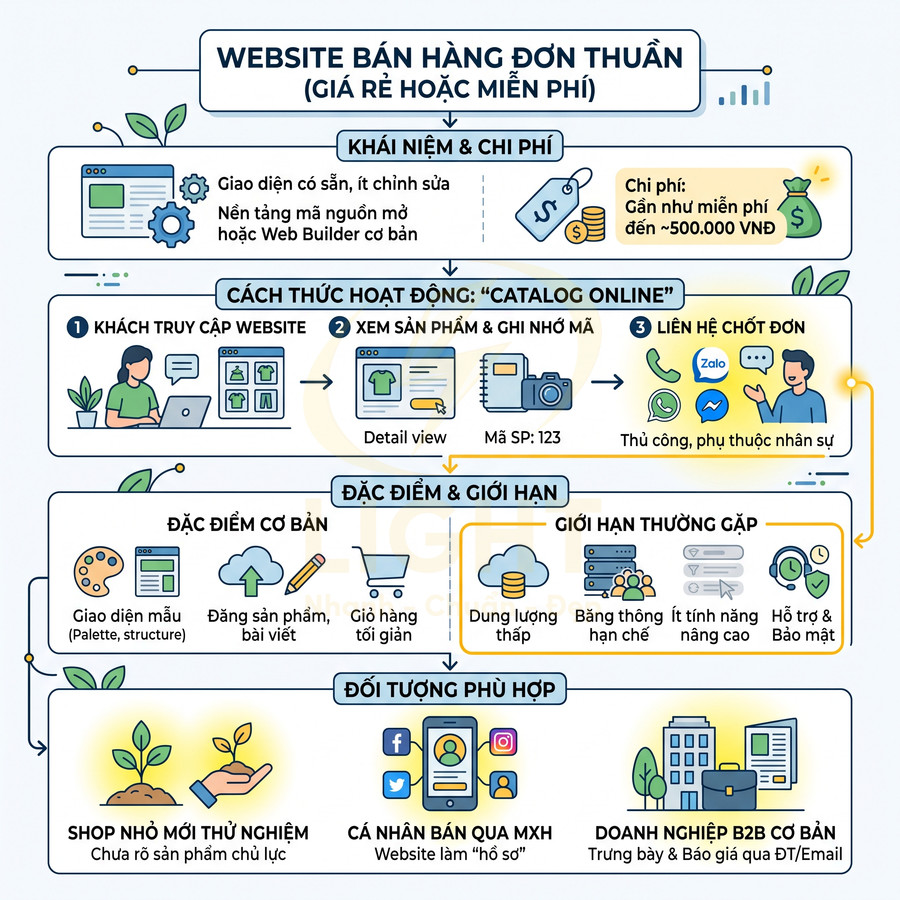 Infographic giới thiệu mô hình website bán hàng đơn thuần, cách hoạt động, ưu nhược điểm và đối tượng phù hợp