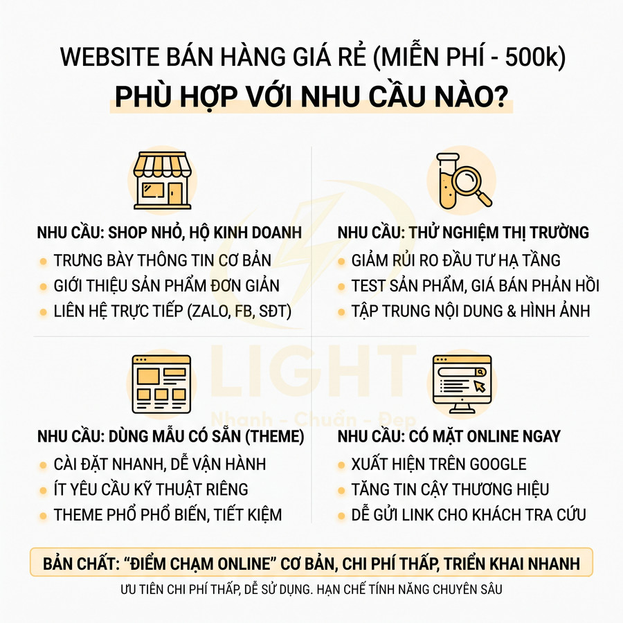 Infographic giới thiệu lợi ích website bán hàng giá rẻ cho shop nhỏ, thử nghiệm thị trường và cần có mặt online nhanh