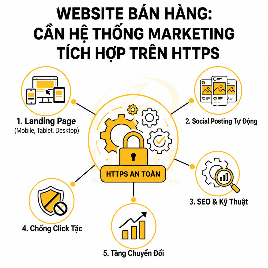 Mô hình hệ thống marketing tích hợp trên website bán hàng với trung tâm bảo mật HTTPS an toàn