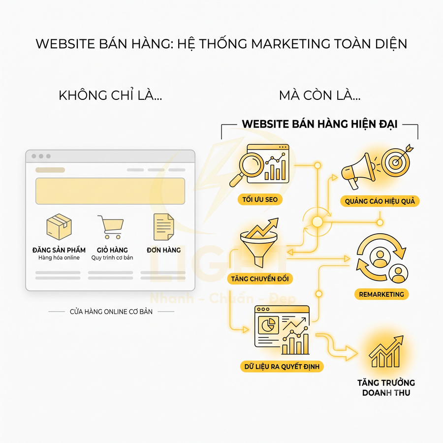 Mô hình website bán hàng hiện đại tối ưu SEO, quảng cáo, remarketing và dữ liệu để tăng chuyển đổi doanh thu