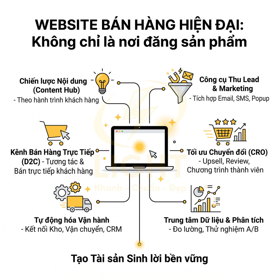 Mô hình website bán hàng hiện đại với laptop trung tâm và các giải pháp marketing, bán hàng, vận hành, phân tích dữ liệu