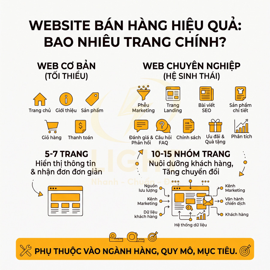 Infographic so sánh cấu trúc web bán hàng cơ bản 5-7 trang và web chuyên nghiệp 10-15 nhóm trang để tăng chuyển đổi