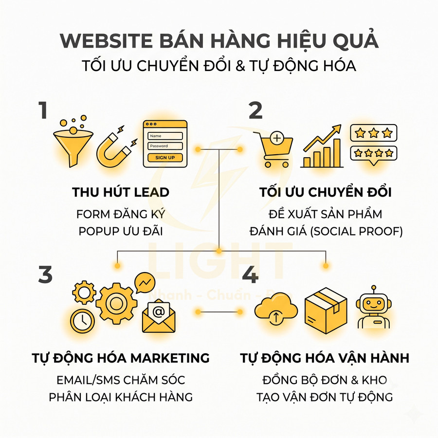Quy trình tối ưu website bán hàng hiệu quả với thu hút lead, tối ưu chuyển đổi, tự động hóa marketing và vận hành