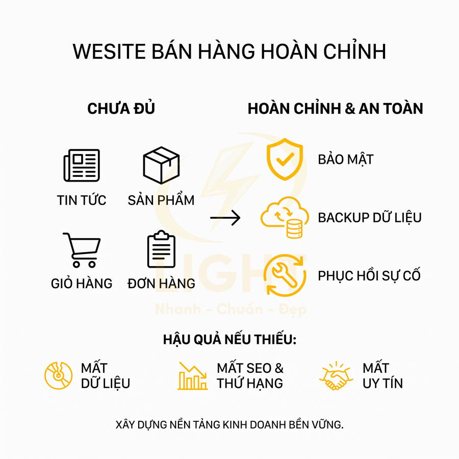 Mô hình website bán hàng hoàn chỉnh với bảo mật, backup dữ liệu và phục hồi sự cố để tránh mất dữ liệu, SEO và uy tín