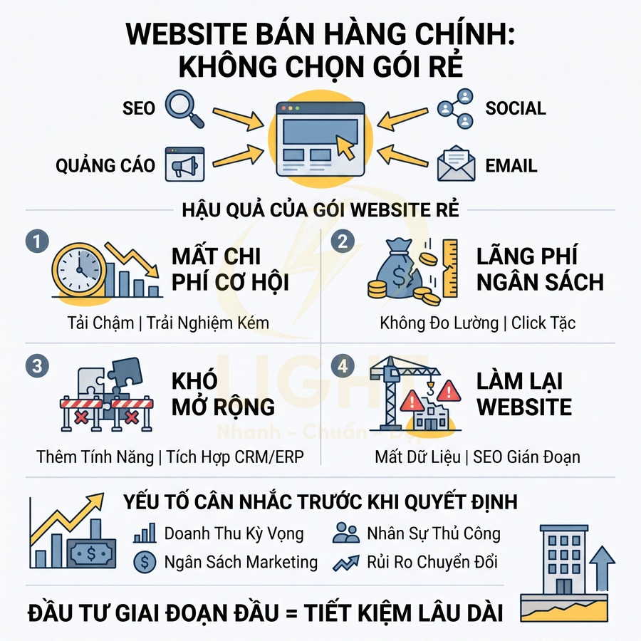 Infographic cảnh báo hậu quả chọn gói thiết kế website bán hàng giá rẻ và khuyến khích đầu tư chất lượng ban đầu