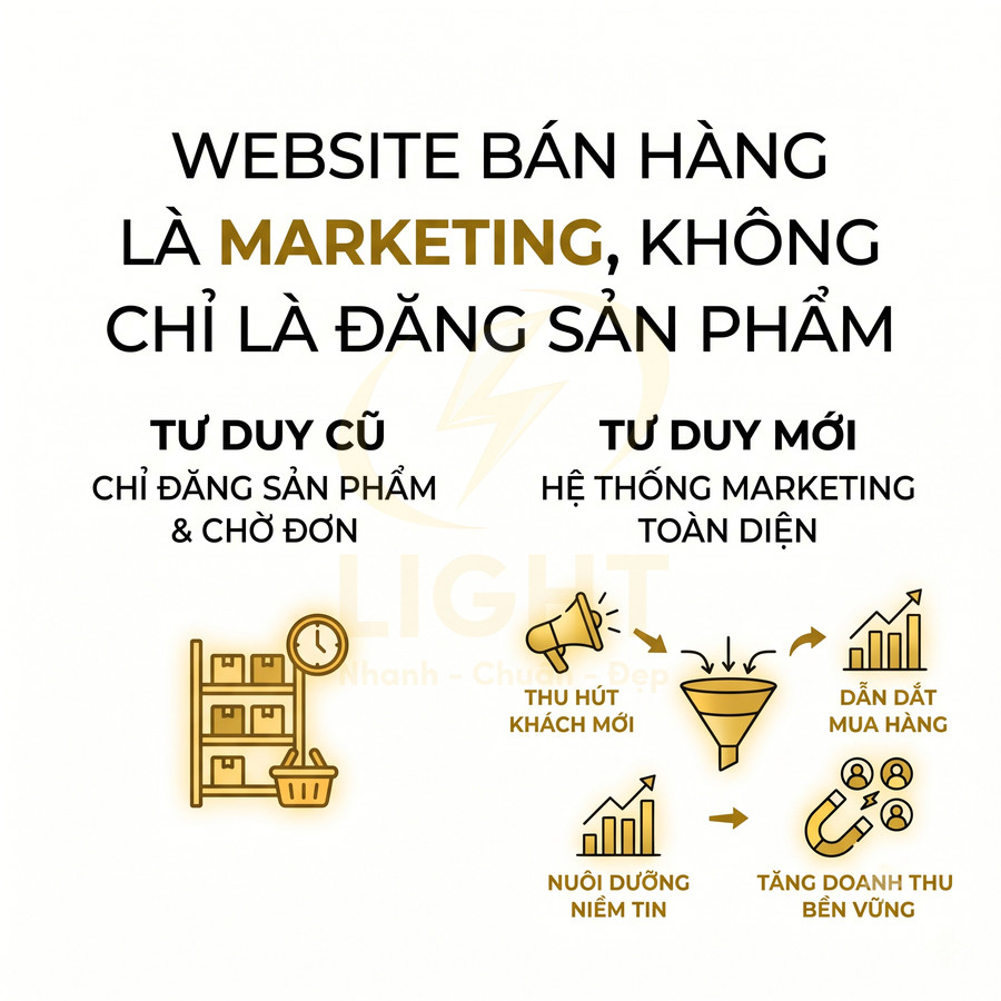 Banner so sánh tư duy cũ và mới khi làm website bán hàng, nhấn mạnh hệ thống marketing toàn diện tăng doanh thu bền vững