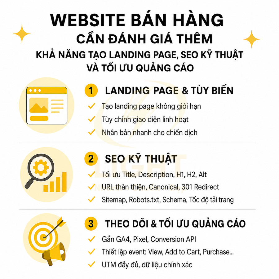 Infographic tiêu chí đánh giá website bán hàng về landing page, SEO kỹ thuật và tối ưu quảng cáo