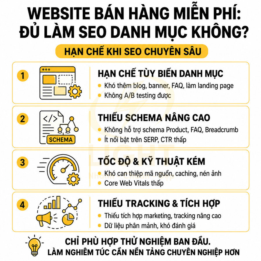 Infographic phân tích hạn chế SEO chuyên sâu của website bán hàng miễn phí và khuyến nghị dùng nền tảng chuyên nghiệp