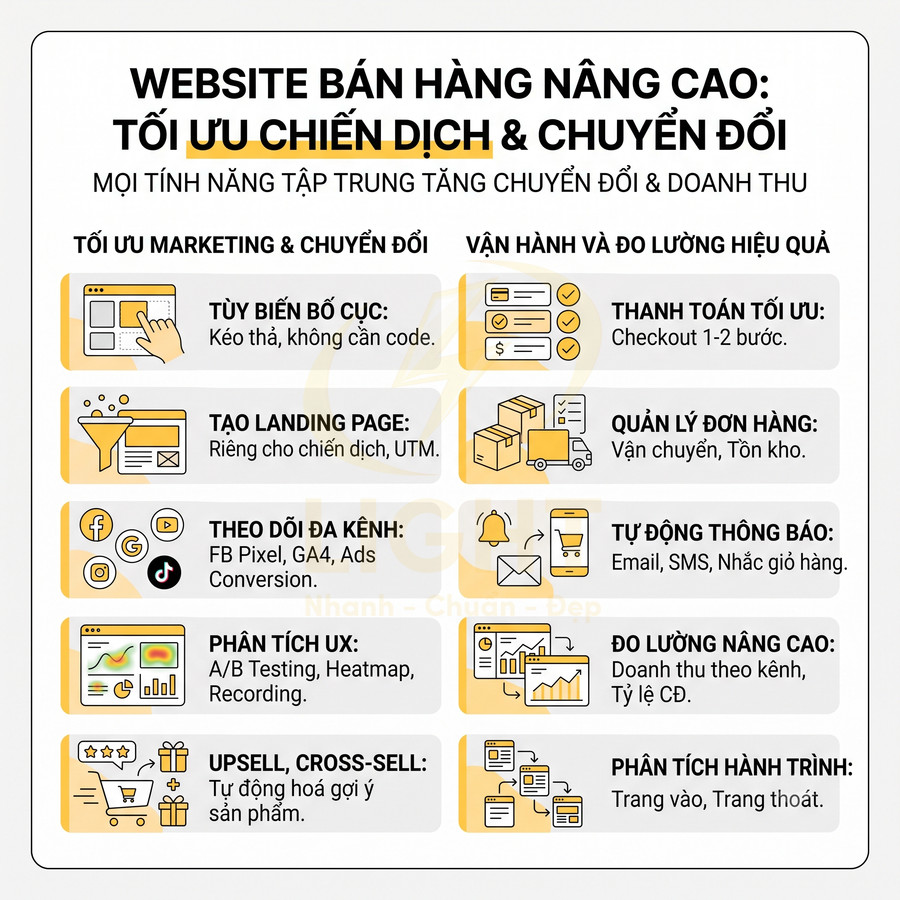 Website bán hàng nâng cao với các tính năng tối ưu chiến dịch, chuyển đổi và vận hành đo lường hiệu quả