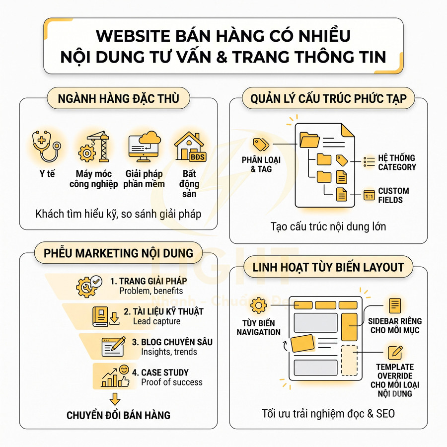 Infographic hướng dẫn xây dựng website bán hàng nhiều nội dung tư vấn, cấu trúc phức tạp và tối ưu SEO
