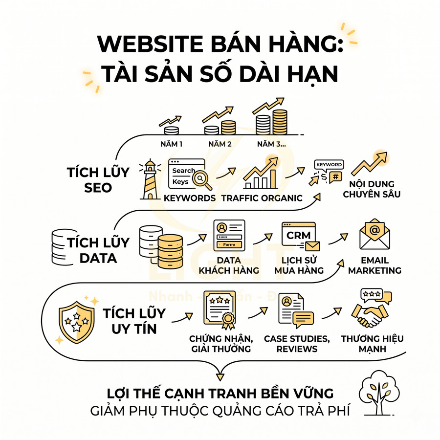 Mô hình website bán hàng tích lũy SEO, data, uy tín để tạo lợi thế cạnh tranh bền vững