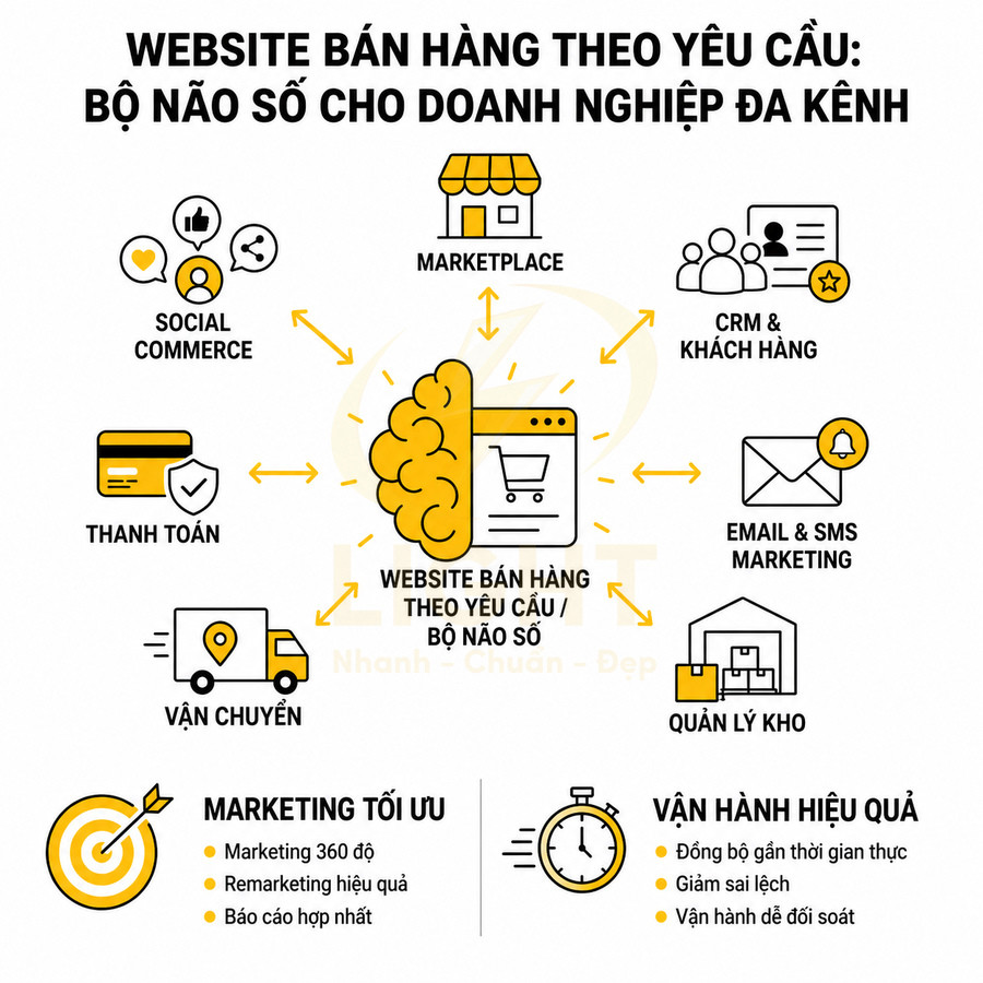 Mô hình website bán hàng theo yêu cầu làm bộ não số kết nối bán hàng, marketing, thanh toán, vận chuyển, CRM, kho hàng